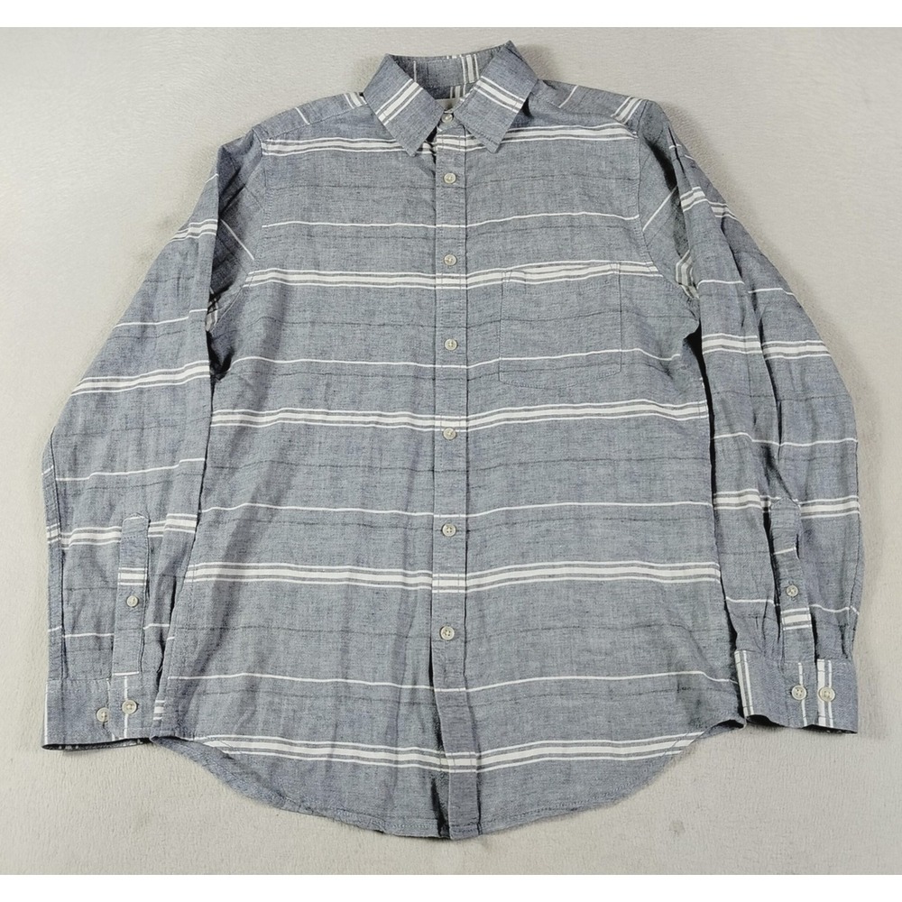Goodfellow & Co Shirt Mens Small Blue Stripe Long Sleeve Chambray Linen Blend